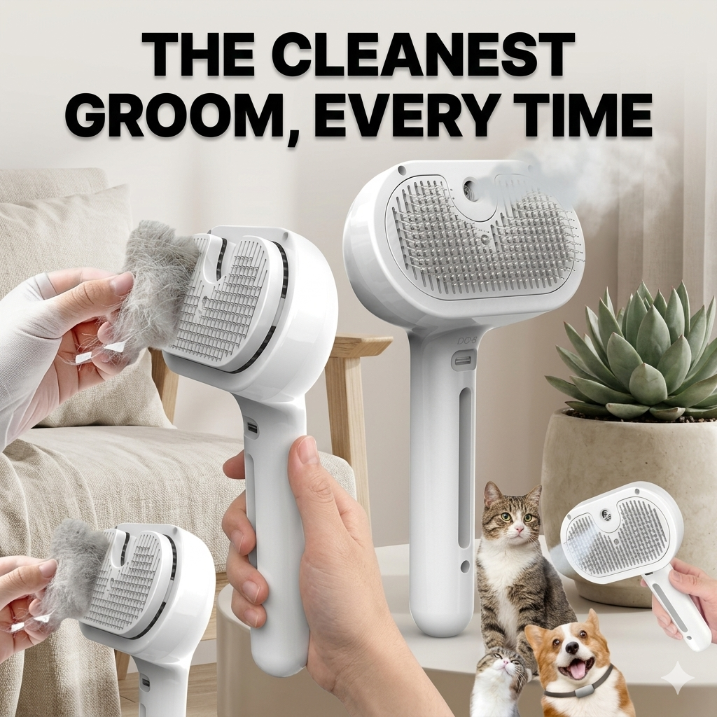 Pet grooming tool with text 'The Cleanest Groom, Every Time' in a home setting.